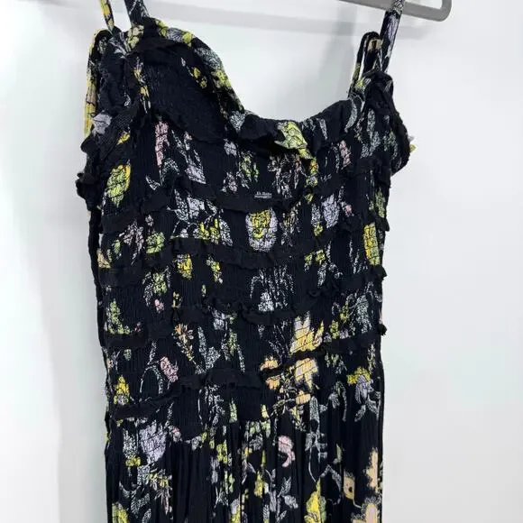 Free People Isla Midi Dress S Black Dark Floral Ruched Tiered Sundress Boho - Picture 3 of 8